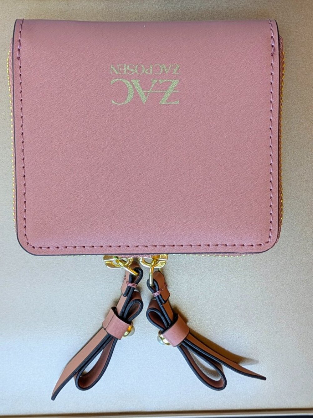 ZAC Zac Posen Pearl Bow Zip-Around Leather Wallet Pink (NWOT)